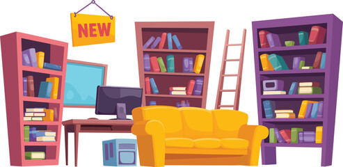 Cozy bookstore interior vector illustration flat cartoon design with yellow sofa bookshelves computer desk and ladder elements © Josna