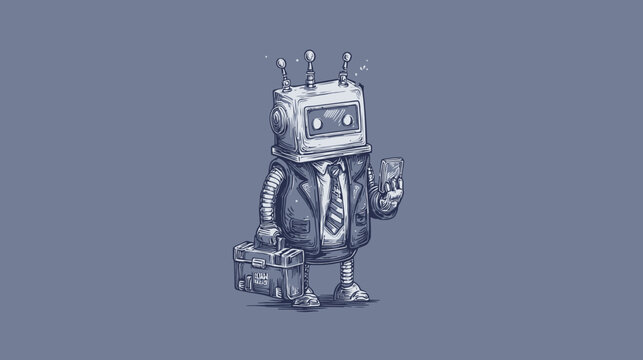 A business-styled robot with a briefcase and a smartphone, depicted in grayscale