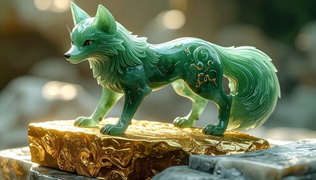 Green jade fox sculpture on gold base with delicate carvings, outdoor shot