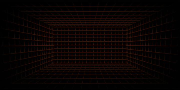 Glowing neon wireframe room floors ceiling, wall background. Red grid room in perspective. Bright retro futuristic wallpaper. Abstract checkered plane landscape. Game horizon surface. Vector