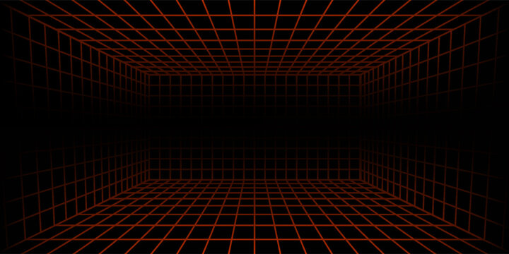 Glowing neon wireframe room floors ceiling, wall background. Red grid room in perspective. Bright retro futuristic wallpaper. Abstract checkered plane landscape. Game horizon surface. Vector