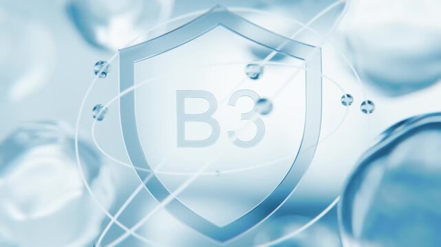 Niacin Vitamin B3 blue shield symbol in 3D animation. Nicotinic acid molecular structure background with transparent liquid cells for dermatology and medical video