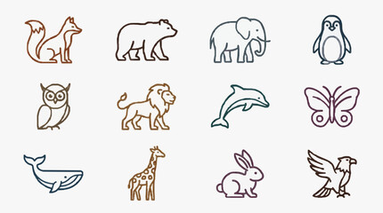 Fototapeta premium Dynamic Colorful Line Drawing Set of 12 Whimsical and Stylized Animal Illustrations in Earthy and Pastel Tones