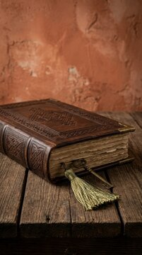 Antique leather book with vintage key and tassel