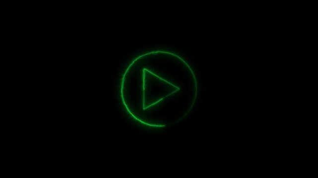 Glowing red neon play button icon animation isolated black background.4 k. video....