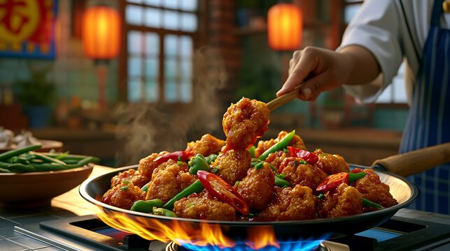 Crispy Orange Chicken being stirred in a wok with chili peppers and green beans during a fiery cooking demonstration