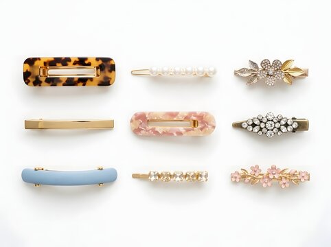 Close-up of Various Hair Clips and Barrettes on White Background