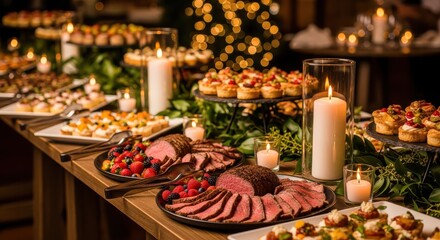Fototapeta premium Elegant Holiday Buffet Table with Sliced Roast Beef, Appetizers, and Warm Candlelight for Christmas Celebration