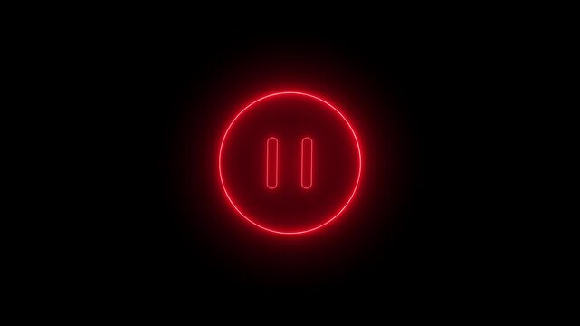 Glowing red neon play button icon animation isolated black background.4 k. video....