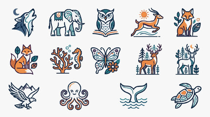 Dynamic Colorful Hand Drawn Animal and Nature Set Featuring Wolves Elephants Owls Deer Foxes Seahorses Butterflies Reindeer Birds Octopus Whales and Turtles © Box