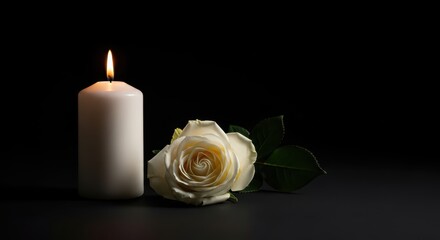 Fototapeta premium Sympathy and Condolence Concept with a Lit White Candle and a Single White Rose on Dark Background