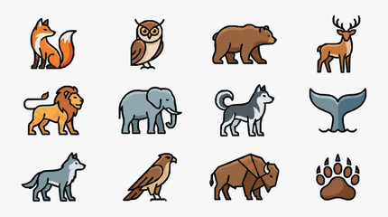 Dynamic Colorful Illustrated Set of 12 Whimsical and Stylized Forest Animals and Nature Symbols © Box