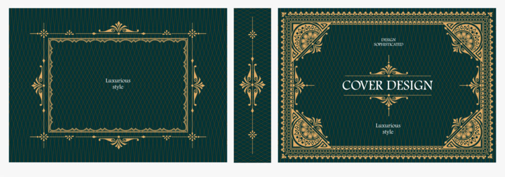 Elegant horizontal vintage book cover design with ornate Art Nouveau frame, geometric decorative ornaments, and luxurious retro style for publications, albums, posters, and premium layouts