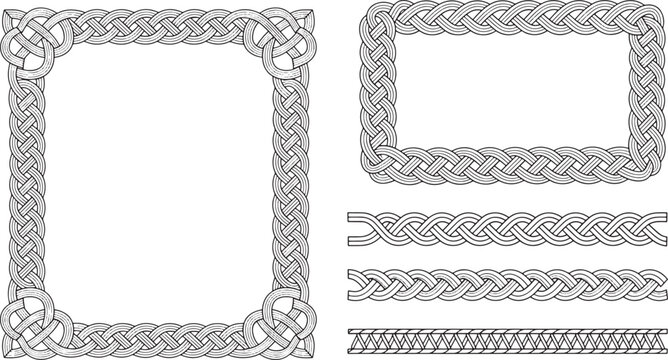 Celtic knotwork frames and decorative borders set with intricate woven patterns for vintage design projects vector illustration