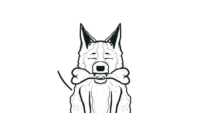 A cute cartoon dog sits with a bone in his mouth, wagging his tail and blinking his eyes slyly.