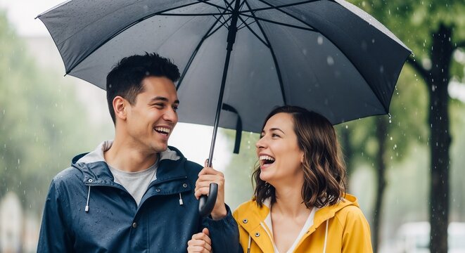 Couple laughing in the rain under black umbrella with joyful expressions, wearing colorful jackets and enjoying the moment together. The cheerful scene symbolizes love and connection on rainy days.