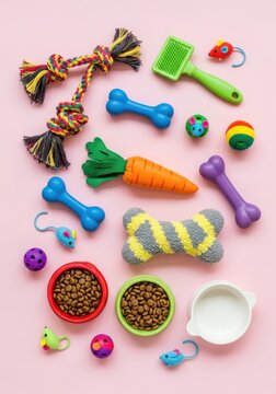 Colorful Pet Accessories Flat Lay with Toys, Food Bowls, and Grooming Tools on Pink Background