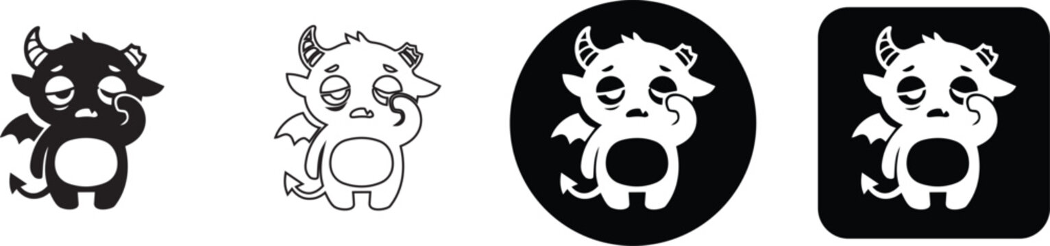 Sad tired little devil cartoon character rubbing eye and crying vector design set