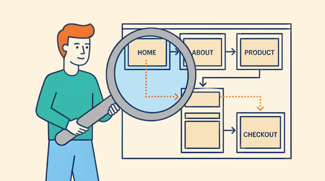 Flat Vector Illustration of a Man Holding a Magnifying Glass Over a Website Flowchart with 'Home', 'About', 'Product', and 'Checkout' Sections, Clean Design with Orange and Teal Accents, Conceptual
