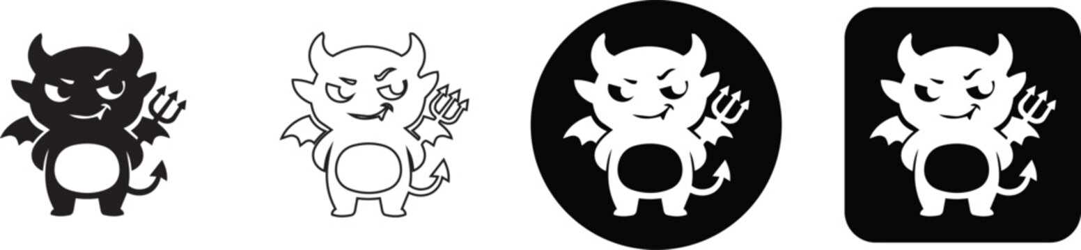 Mischievous little cartoon devil with pitchfork and trident vector character set