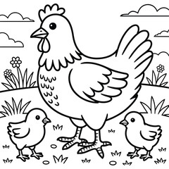 Fototapeta premium Cute hen and chicks in a grassy field with flowers, perfect for children's coloring pages.