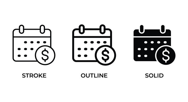 Financial calendar icon set with dollar sign stroke outline and solid styles