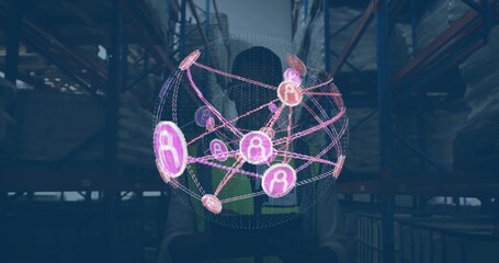 Warehouse worker holding handheld device and projecting hologram network globe for stock tracking © vectorfusionart