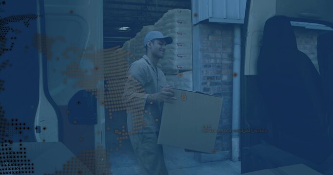 Delivery courier lifting box from van door carrying to dock while dotted map overlay obscuring view