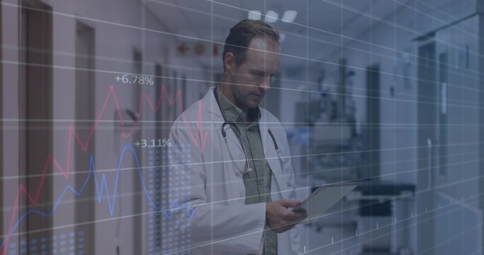 Overlay rising doctor in labcoat with stethoscope reviewing data on tablet smiling in corridor