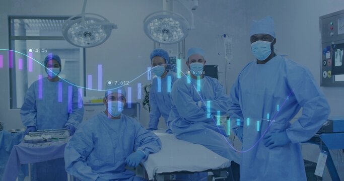 Surgical team standing by table, stock graph moving across frame obscuring staff, showing data