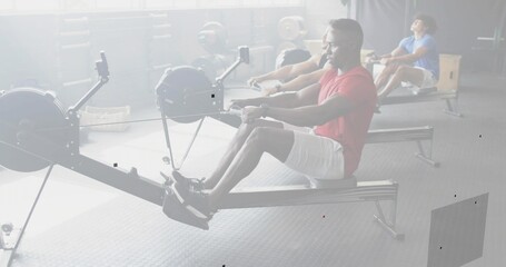 Mobile phone being set aside, lead in red rowing: leg drive, lean, pull, recover for training © vectorfusionart