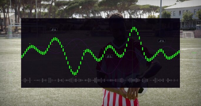 Responding to HUD pulses, player in red-shirt lowering soccer ball on soccer field, HUD overlay