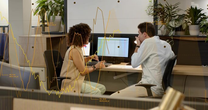 Woman holding jar, man sampling product for sales, both checking sheet while yellow line overlaying