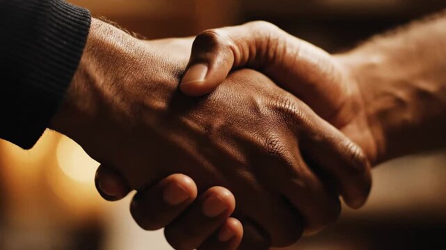 Close-up of two people shaking hands in warm light, symbolizing agreement, trust, partnership and business cooperation.