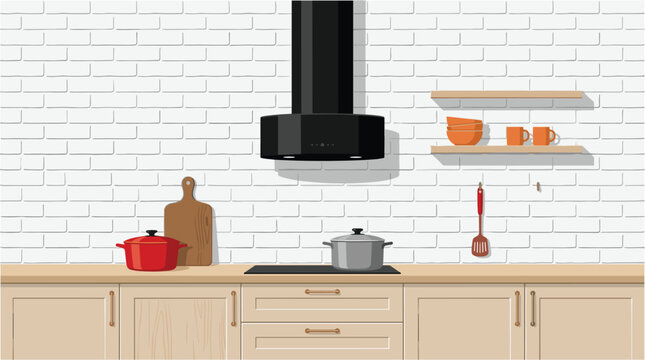 Modern kitchen interior with induction cooktop exhaust hood counter cabinets pots and shelves vector illustration background