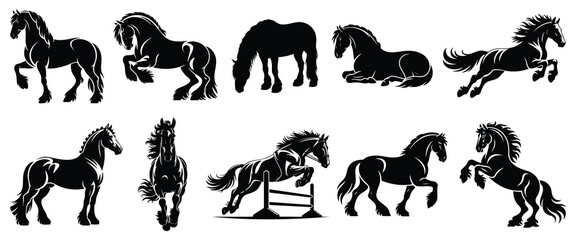 Fototapeta premium Friesian Horse Silhouettes Set, Vector Graphic Isolated Black Stallion Clip Art.