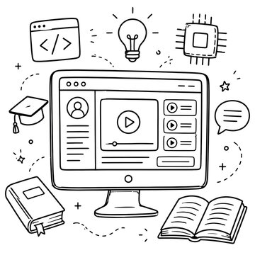 Hand drawn doodle of online education and e-learning featuring a computer monitor, books, graduation cap, and lightbulb