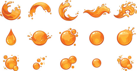 Orange juice splash and honey drops set dynamic gold liquid blob bubble elements flat vector illustration isolated on white background © MST