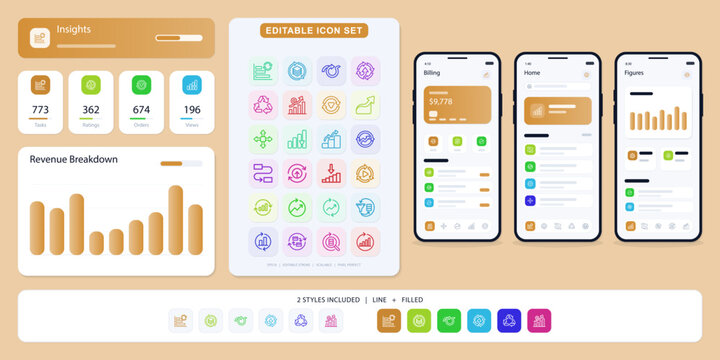 Business Analytics and Performance Monitoring Editable Line and Filled Vector Icon Set