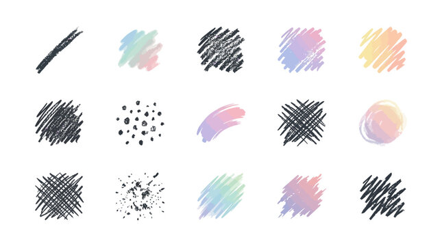 A collection of artistic hand drawn pencil scribbles and vibrant pastel watercolor texture patches for creative graphic design projects