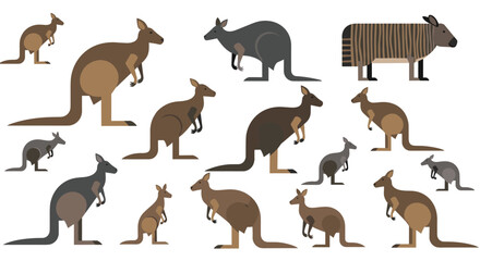 Obraz premium Large collection of brown and grey kangaroo silhouettes in different poses and sizes on a plain white background.