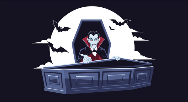 Spooky cartoon vampire count Dracula rising from his coffin with bats flying around under a full moon at night.