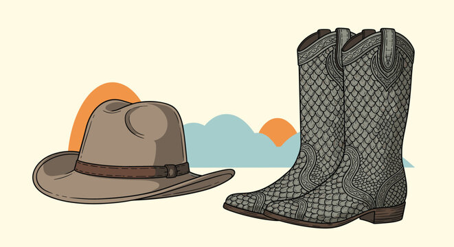 Classic brown cowboy hat and matching textured snakeskin leather boots on a desert sunset background with orange sun.