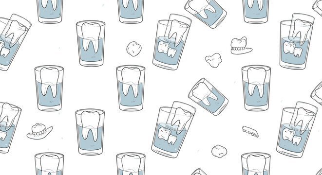Seamless background pattern of healthy white teeth soaking in glasses of water and ice cubes on a white background.