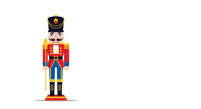 Festive standing toy soldier or nutcracker character isolated on the left side of a wide white background with copy space.