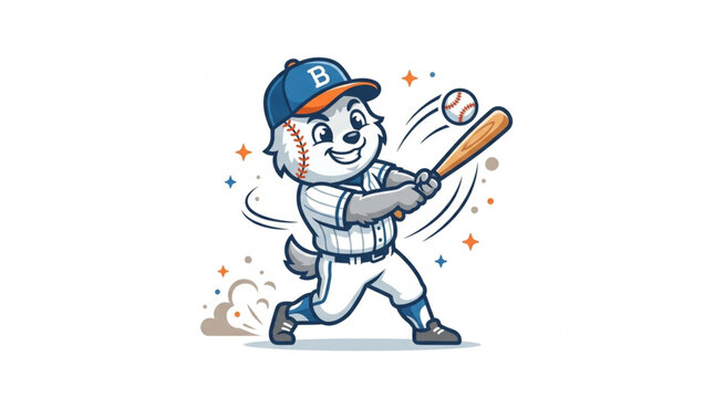 Cartoon Animal Character Playing Baseball Swinging Bat at Ball.
