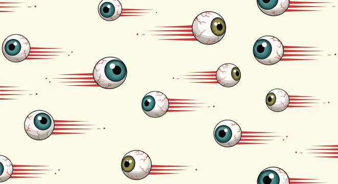 Whimsical seamless pattern of flying eyeballs with red blood trails moving across a cream background.