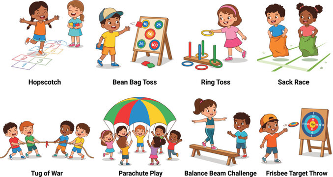 Children Playing Classic Field Day Games and Outdoor Team Building Activities Cartoon Illustration Collection for Schools