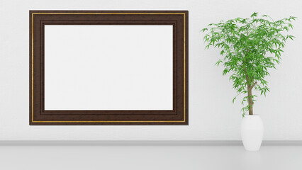 Cornici, quadri vuoti in mostra su muro bianco. Una cornice con spazio vuoto per inserimento di testo o immagini. cornice in legno e oro. © massimo_g