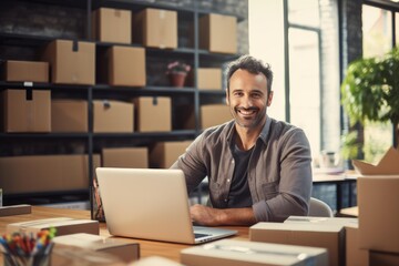 Obraz premium Smiling man operating laptop, processing orders surrounded by delivery boxes and shelves